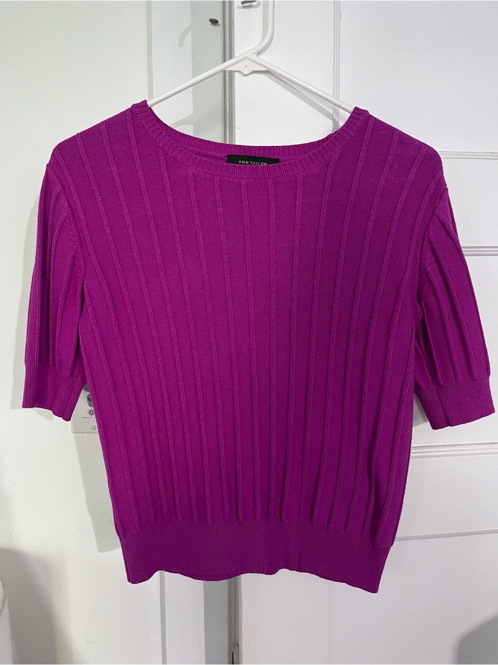 Ann Taylor Magenta Ribbed Short-Sleeve Sweater